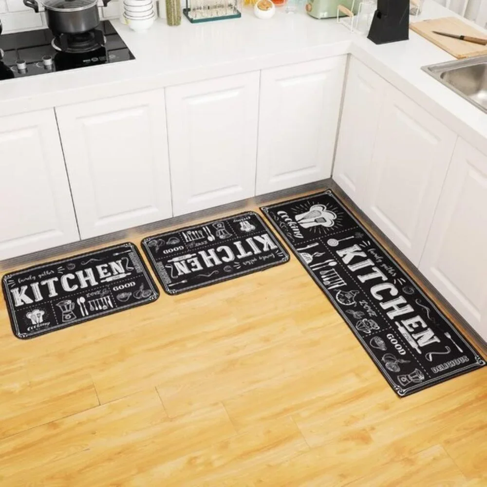 New 3-Piece Black Kitchen Rug Set, Non-Skid Anti-Fatigue Stain-Resistant Mats